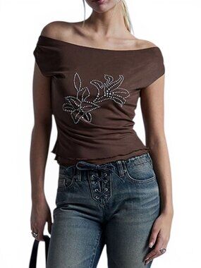 Third Charm Brown Off Shoulder Mesh Rhinestone Floral Top